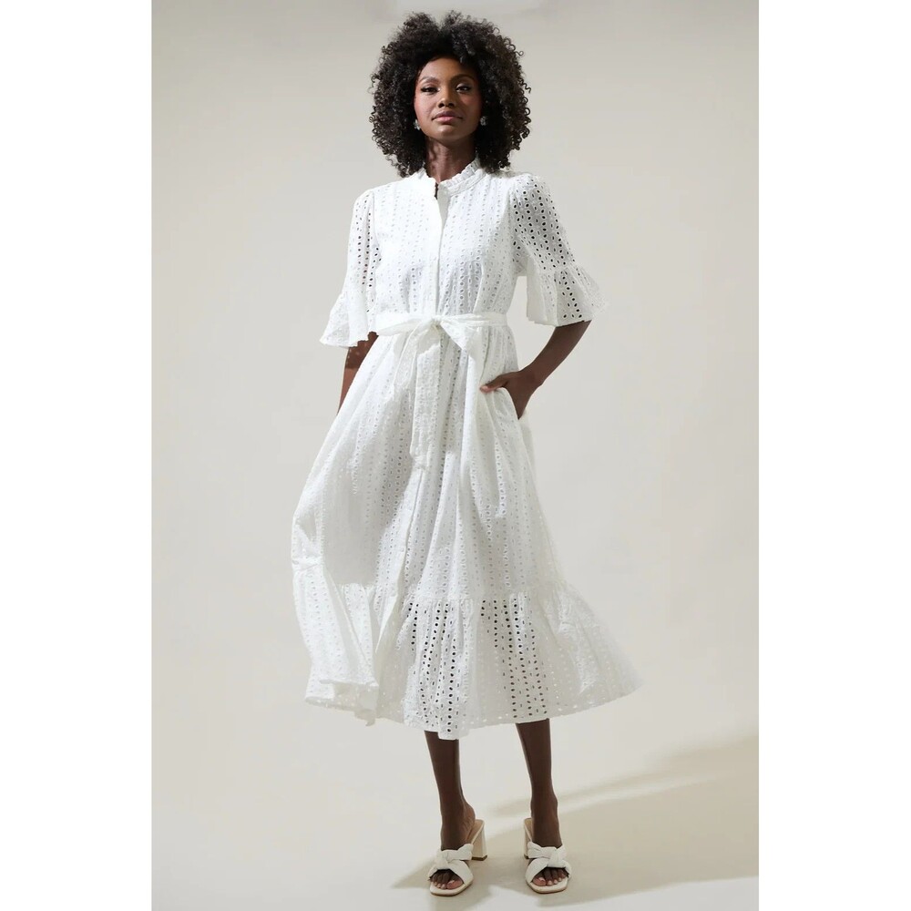 Sugarlips Kaylie Eyelet Sz M White Button Down Ruffle Midi Belted Cotton Dress